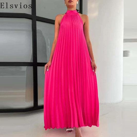 New 2025 Elegant Solid Swing Loose Party Dress Spring Female Halter Slim Banquet Long Dress Women Sexy Off Shoulder Gala Dress