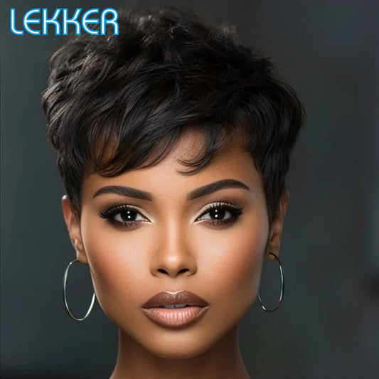 Natural Black Short Pixie Cut Curly 100% Human Hair Wig For Women Brazilian Remy Hair Colored Side Part Full Machine Wigs