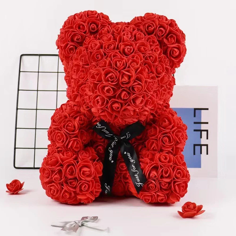 25cm Artificial Teddy Rose Flower Bear with Box Romantic Valentines Day Gift Girlfriend Women Anniversary Wedding Party Supplies