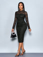 Elegant Ivory Lace Long Sleeve Bodycon Midi Dress with High Slit