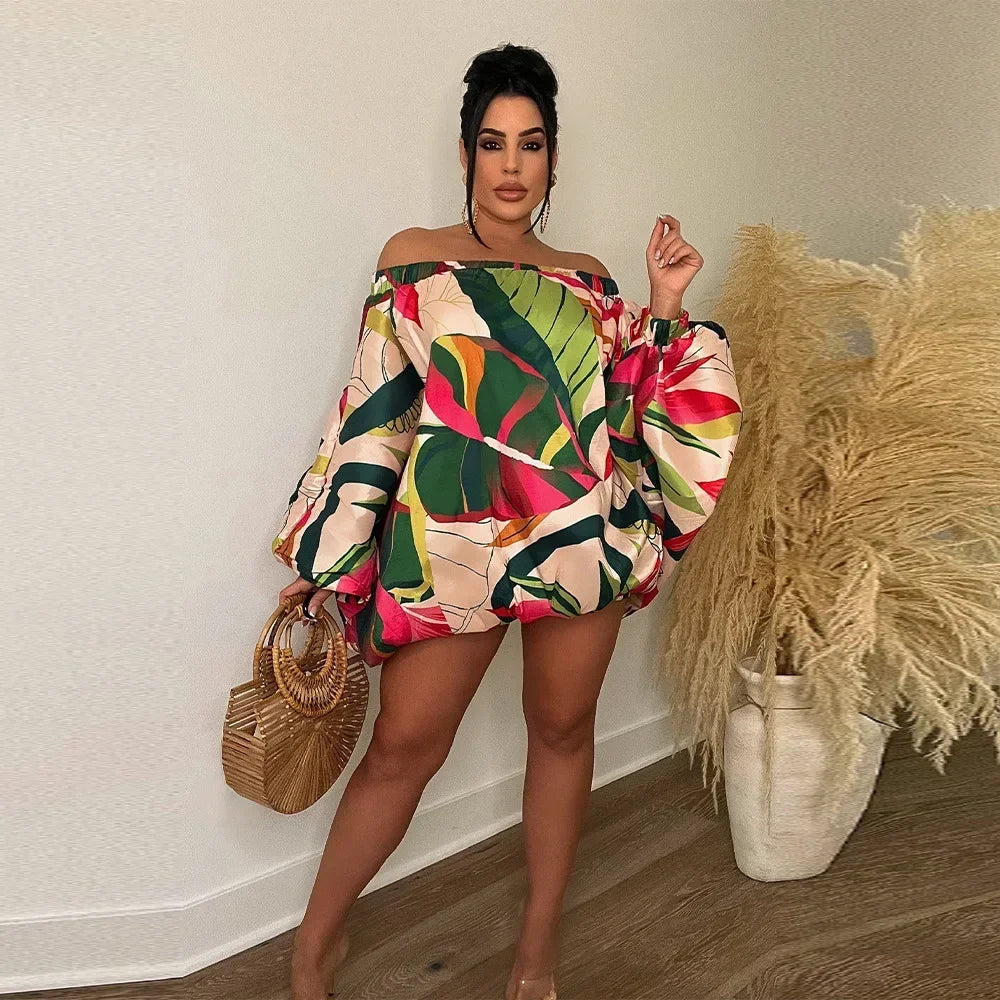 CM.YAYA Vintage Women Fashion Stretch Hem Off Shoulder Slash Neck Lantern Long Sleeve Printed Ball Gown Smock Dress Vestidos