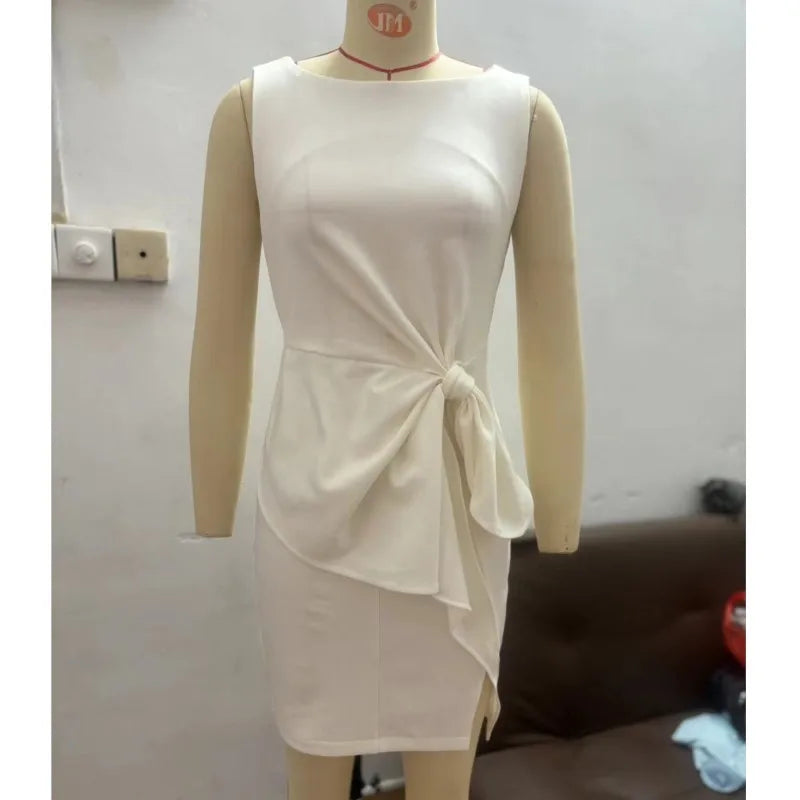 Elegant Evening Party Dresses For Women  Sleeless Slim Waist Big Bow Lace-up Hem Slit White Dress Robe Femme