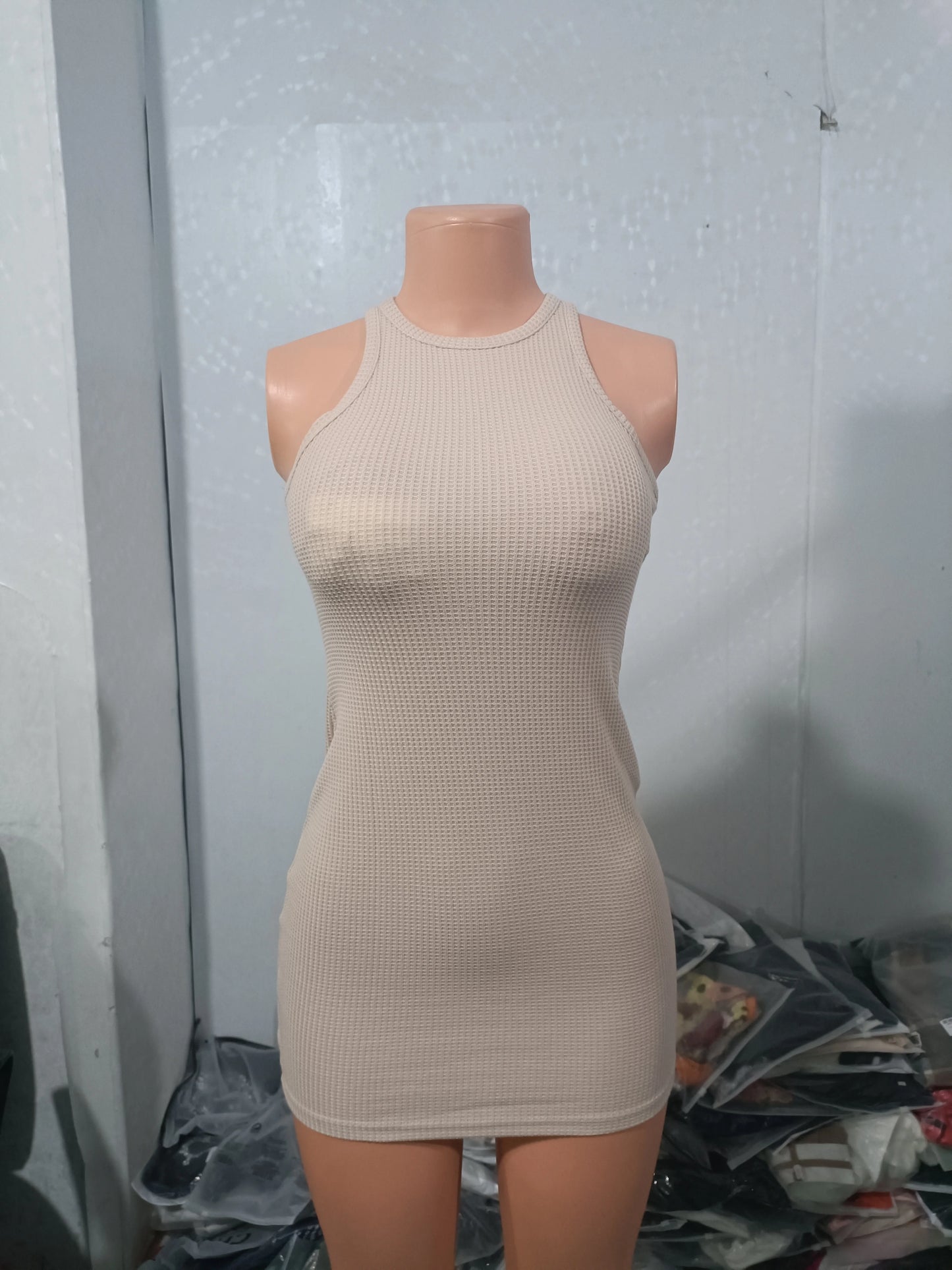 Women Fashion Summer Sleeveless O-neck Keyhole Back Textured Mini Skinny Solid Dress