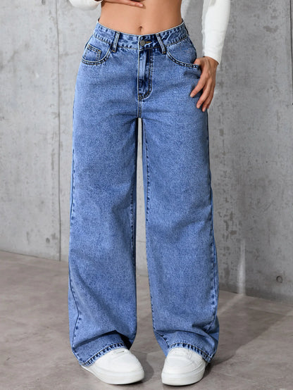 Size: S-5XL Women's Summer Autumn Wide-Leg Jeans High-Waist Plus-Size Jeans Straight-Leg Loose Casual Pants Girls Wide Leg Pants