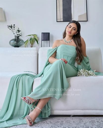 SSYTENS Green Chiffon Evening Dresses Mermaid Formal Occasion Dresses Cape Sleeves Off Shoulder Women Prom Party Gown Customized