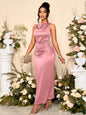 SOLERSUN Women's Elegant Solid Color Drape Neck Ruched Sleeveless Party Dress,Perfect For Banquets