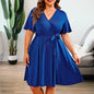Women's Plus Size Dresses Loose Solid Short Sleeved V-neck Belt Casual Dress Ladies Elegant Dress