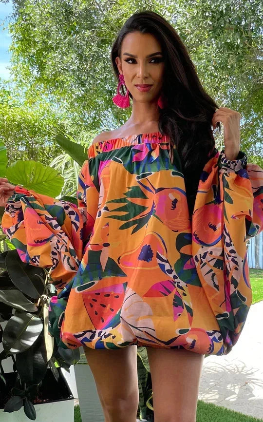 CM.YAYA Vintage Women Fashion Stretch Hem Off Shoulder Slash Neck Lantern Long Sleeve Printed Ball Gown Smock Dress Vestidos