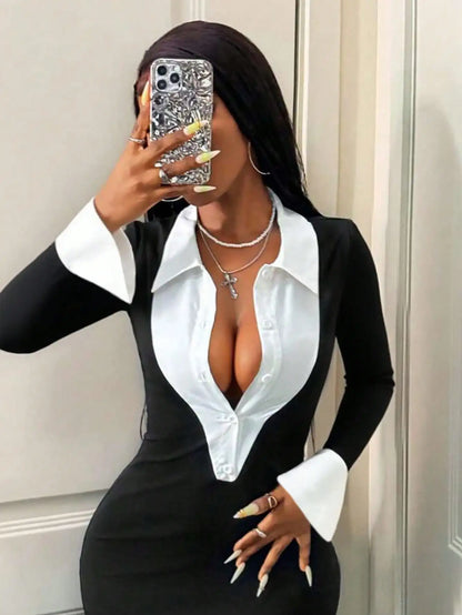 Women's Elegant Bodycon 2 In 1 Collared Patchwork Dress