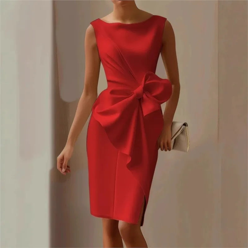 Elegant Evening Party Dresses For Women  Sleeless Slim Waist Big Bow Lace-up Hem Slit White Dress Robe Femme
