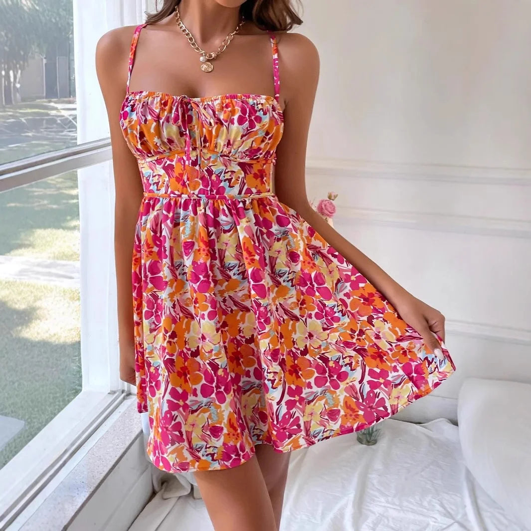 Vaion Sle Floral Print Square Ne ort Skirt Dr Beach Holiday Cross-Border Women's Clothing Spring Summer