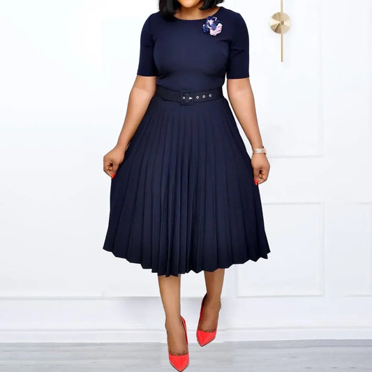 women's Elegant  fashion short sleeve pleated high waist Dress for women