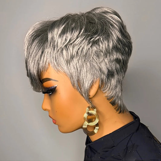 Silvery Gray Pixie Cut Wig 100% Human Hair Wig for Women Virgin  Remy Human Hair Wig