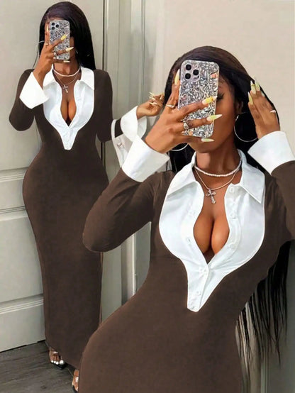 Women's Elegant Bodycon 2 In 1 Collared Patchwork Dress