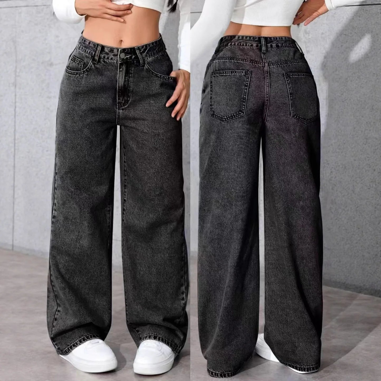 Size: S-5XL Women's Summer Autumn Wide-Leg Jeans High-Waist Plus-Size Jeans Straight-Leg Loose Casual Pants Girls Wide Leg Pants