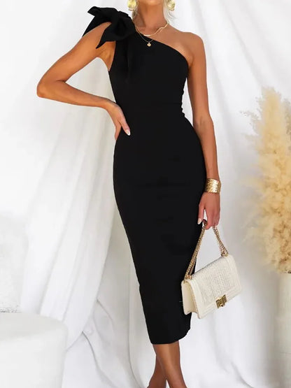Women Fashion Maxi Dress, Sleeveless One Off Shoulder Elegant Party Dress, Skew Collar Bow Ladies Sheath Dress