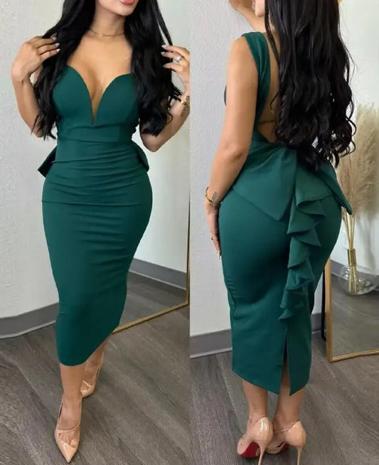 Women Elegant Dresses For Party Plunge Ruffle Hem Backless Party Dress Summer Spring Fashion Casual