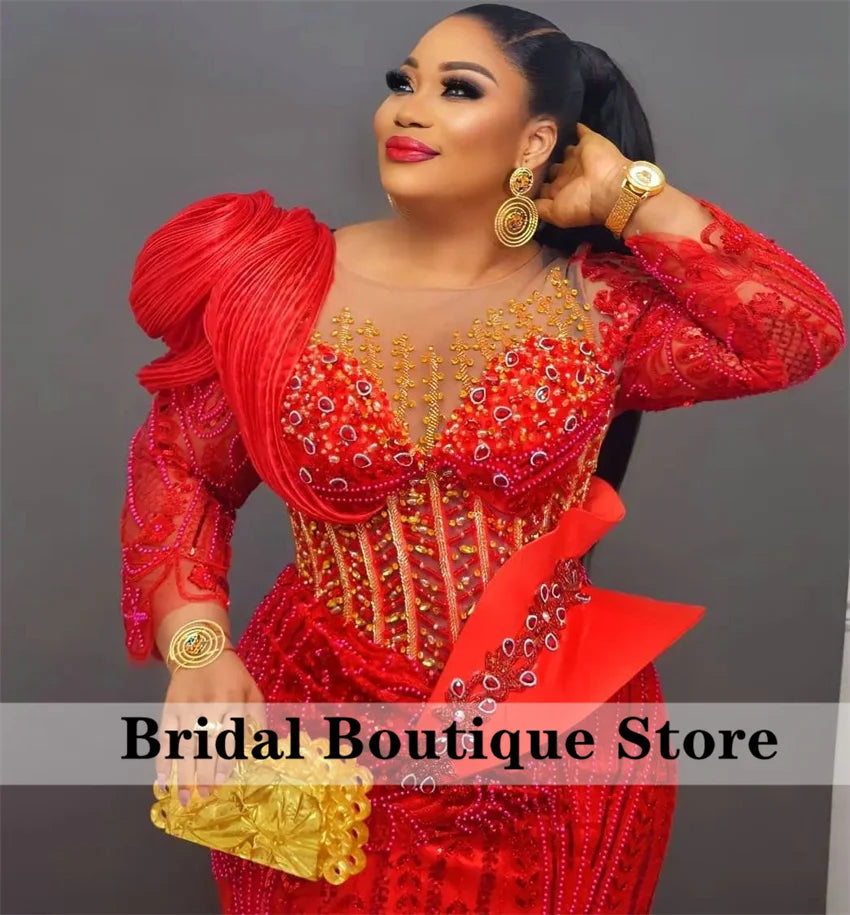 Luxury Red Mermaid Evening Dress Crystal Beading Birthday Wedding Prom Party Gowns Aso Ebi Robes De Soirée Customized