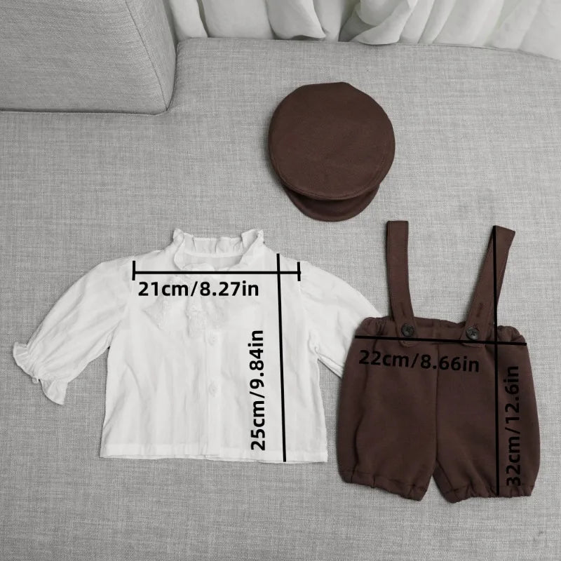 3Pcs Newborn Boy Photography Outfits Shirts Suspender Pants with Beret Set Gentleman Suit Infant Boys'Costumes Photo Accessories