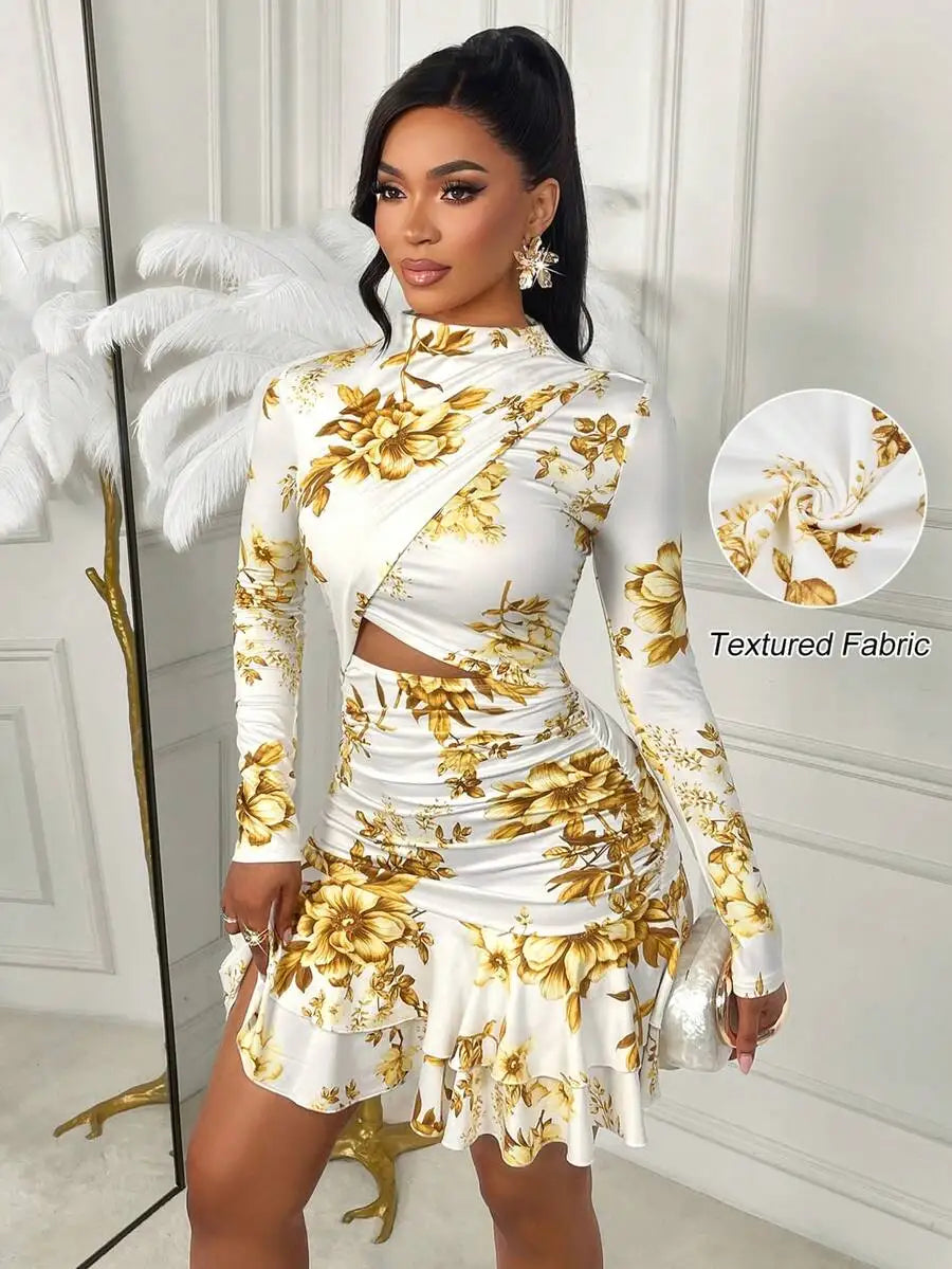 White Gold Floral Print Long Sleeve Cut-Out Mini Dress with Ruched Waist