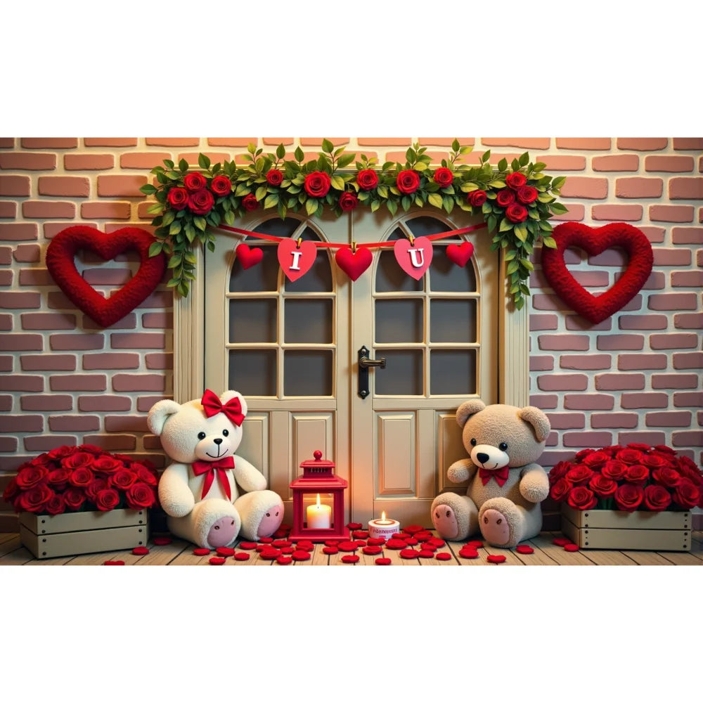Valentines Day Banner Bear Rose Flower Love Heart Backdrop Party Decoration Valentine's Day Indoor Outdoor Photo Prop Supply