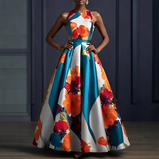 Vestidos Sexy Sleeveless Hem Gowns Evening Dress Woman Flower Print High Waist Long Dress Spring Summer O Neck Boho Maxi Dresses