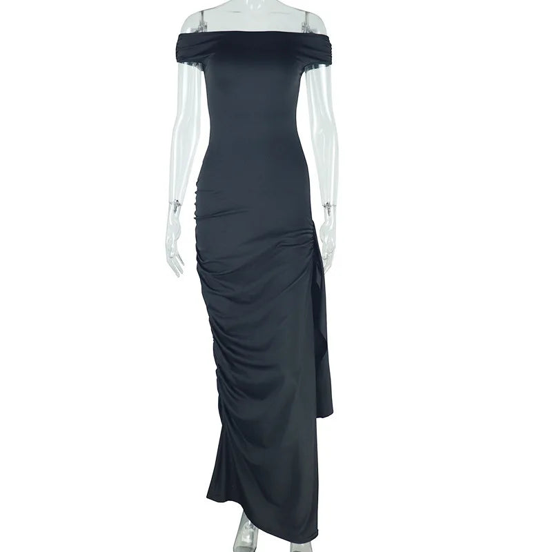 Casual Pure Color Shoulder Insert Dress Elegant Long Sleeve Street Style Midi Skirt for Women Fashionable T-Shirt Neck Design