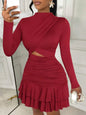 White Gold Floral Print Long Sleeve Cut-Out Mini Dress with Ruched Waist