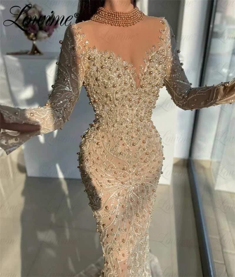 Champagne Long Sleeves Wedding Party Dress Mermaid Beaded Elegant Evening Gowns Arabic Prom Dresses Robes De Soirée Customized