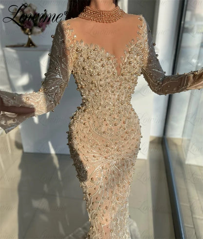 Champagne Long Sleeves Wedding Party Dress Mermaid Beaded Elegant Evening Gowns Arabic Prom Dresses Robes De Soirée Customized