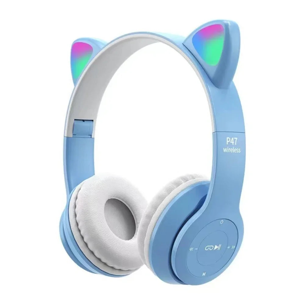 Kids Headphones,Cute Cat Ear LED Light up Bluetooth 5.0 Compatible Headset with Led Wireless Headset Stereo Folding Sports Headset with Microphone