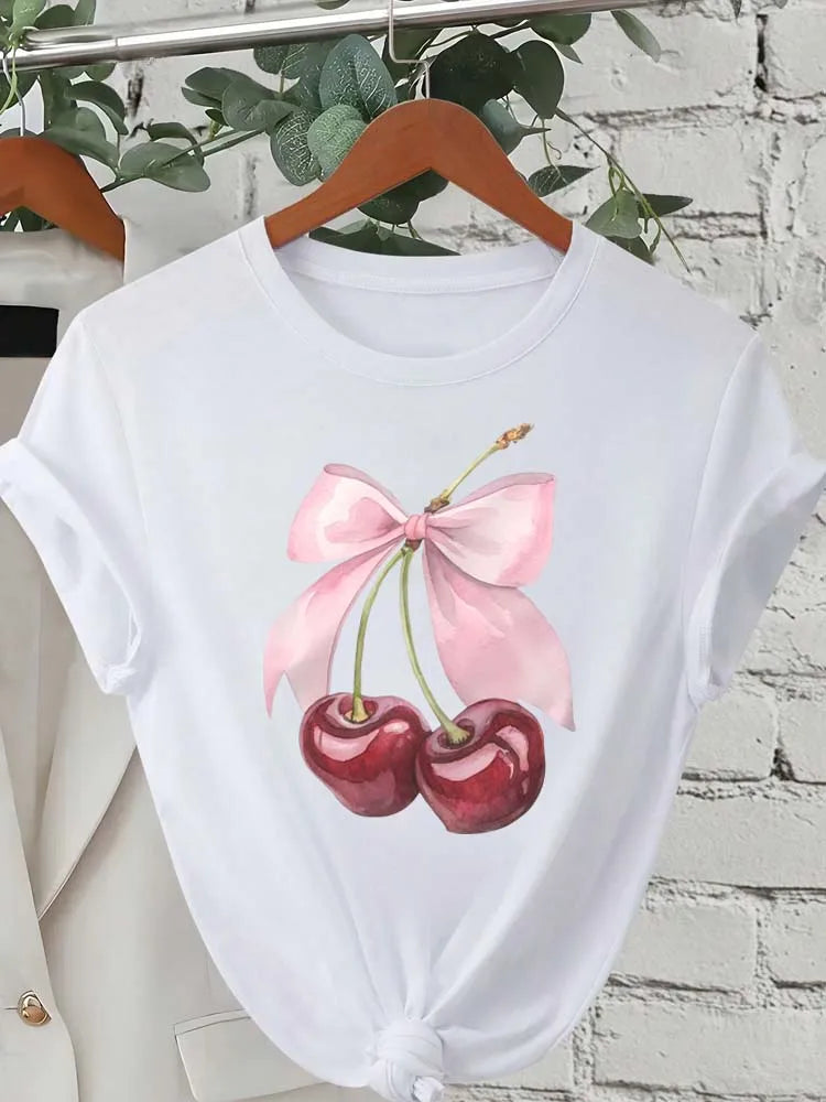 Fashion Cherry Print Women T-Shirt Short Sleeve Crew Neck Casual Tops for Summer Spring Women's Clothing Tops
