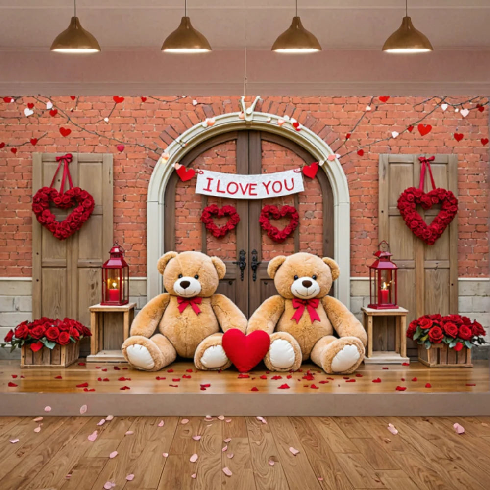 Valentines Day Banner Bear Rose Flower Love Heart Backdrop Party Decoration Valentine's Day Indoor Outdoor Photo Prop Supply
