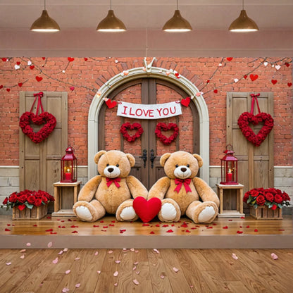 Valentines Day Banner Bear Rose Flower Love Heart Backdrop Party Decoration Valentine's Day Indoor Outdoor Photo Prop Supply