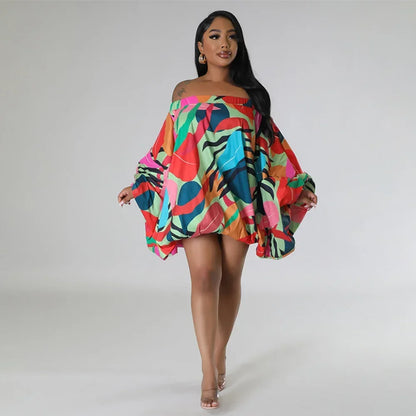 CM.YAYA Vintage Women Fashion Stretch Hem Off Shoulder Slash Neck Lantern Long Sleeve Printed Ball Gown Smock Dress Vestidos
