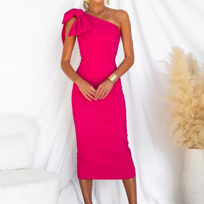 Women Fashion Maxi Dress, Sleeveless One Off Shoulder Elegant Party Dress, Skew Collar Bow Ladies Sheath Dress