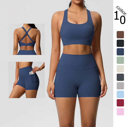 2PCS Sets Sportswear With Pocketed Yoga Suits For Women  Sports Shorts Crossover Bra Gym Leggings