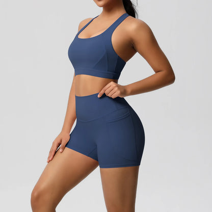2PCS Sets Sportswear With Pocketed Yoga Suits For Women  Sports Shorts Crossover Bra Gym Leggings