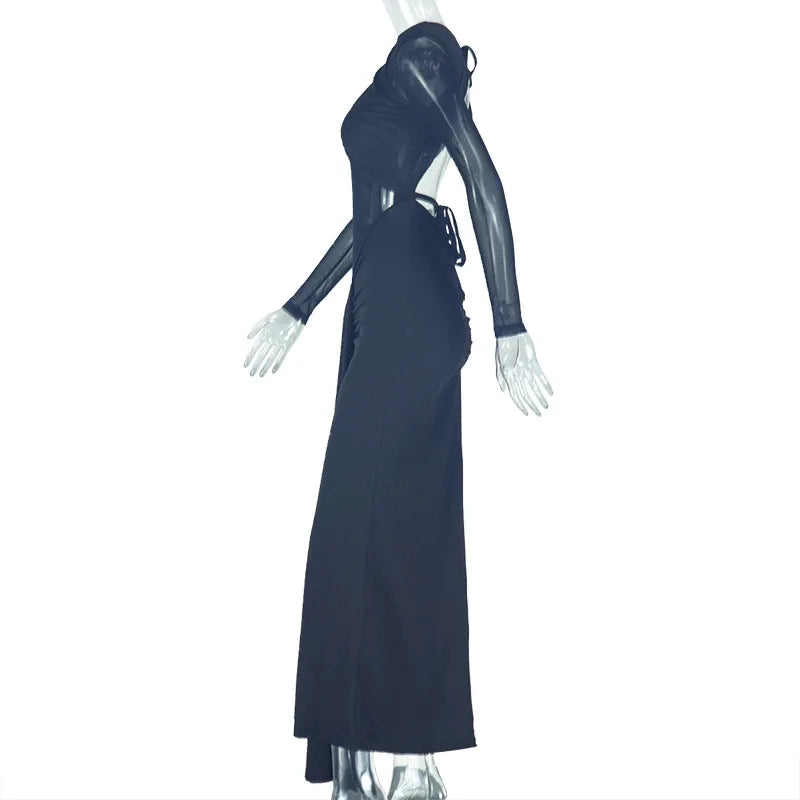Sexy See Through Mesh Sheer Full Sleeve Long Dresses For Club Party Ruched Backless Dress for Women