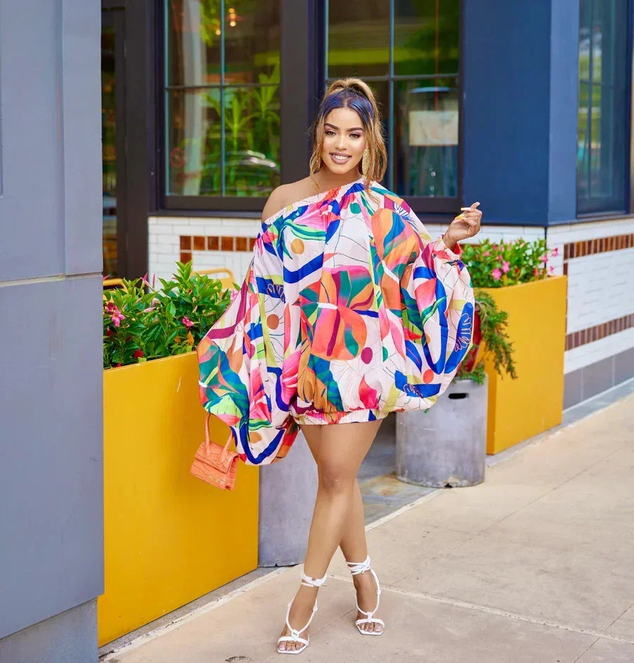 CM.YAYA Vintage Women Fashion Stretch Hem Off Shoulder Slash Neck Lantern Long Sleeve Printed Ball Gown Smock Dress Vestidos