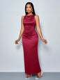 SOLERSUN Women's Elegant Solid Color Drape Neck Ruched Sleeveless Party Dress,Perfect For Banquets