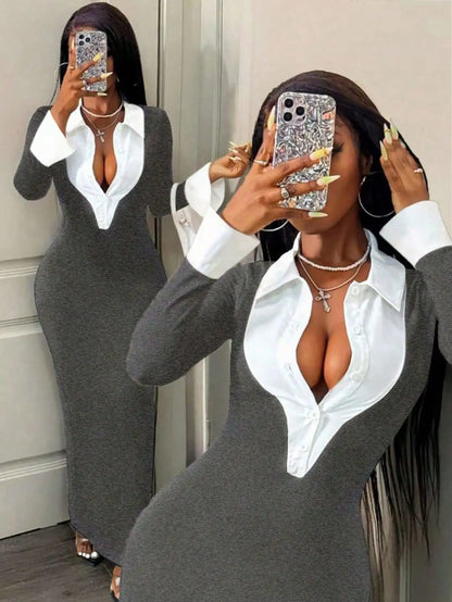 Women's Elegant Bodycon 2 In 1 Collared Patchwork Dress