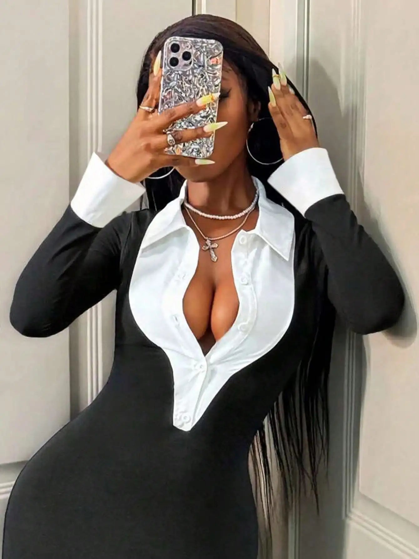 Women's Elegant Bodycon 2 In 1 Collared Patchwork Dress