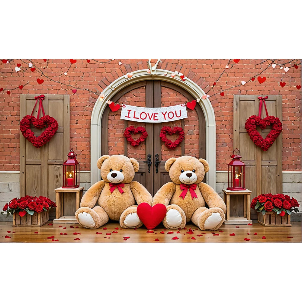 Valentines Day Banner Bear Rose Flower Love Heart Backdrop Party Decoration Valentine's Day Indoor Outdoor Photo Prop Supply