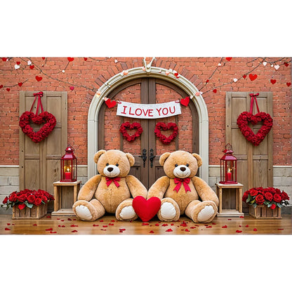 Valentines Day Banner Bear Rose Flower Love Heart Backdrop Party Decoration Valentine's Day Indoor Outdoor Photo Prop Supply