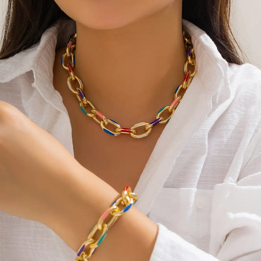 Bohemian Colorful Necklaces Bracelet Set punk Gold chain Choker Necklace Jewelry for Women