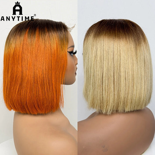 Double Drawn Bone Straight 100% Human Hair Wig 2x6 Lace Clsoure Colored 250% Density Short Bob Remy Hair Wigs for Black Women
