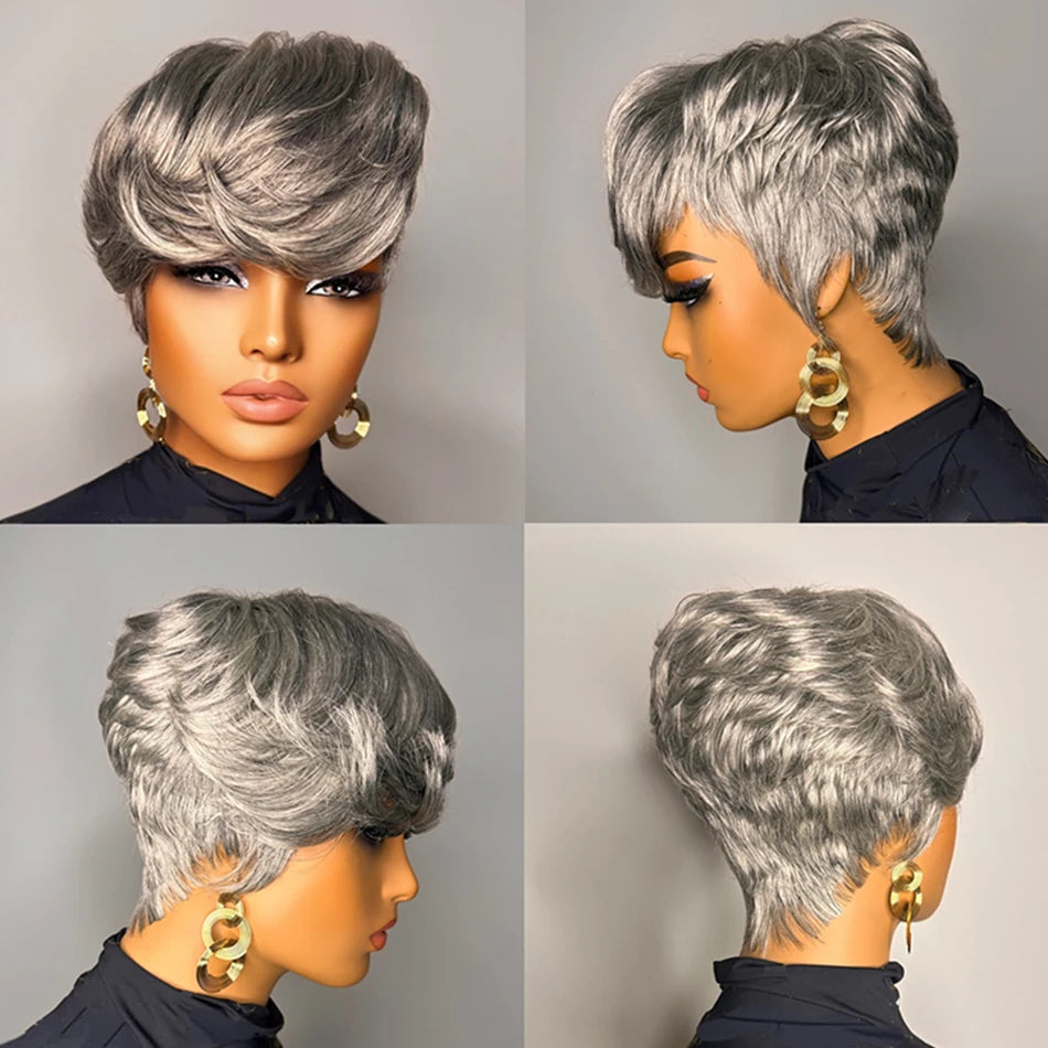 Silvery Gray Pixie Cut Wig 100% Human Hair Wig for Women Virgin  Remy Human Hair Wig