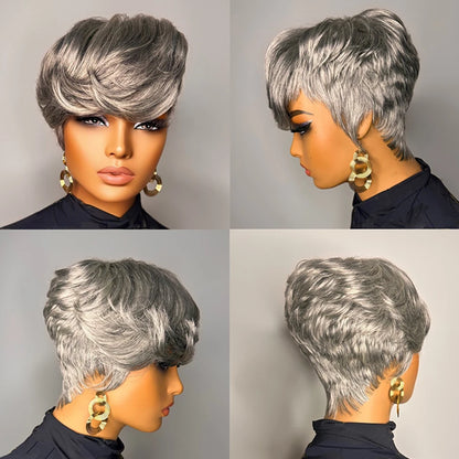 Silvery Gray Pixie Cut Wig 100% Human Hair Wig for Women Virgin  Remy Human Hair Wig