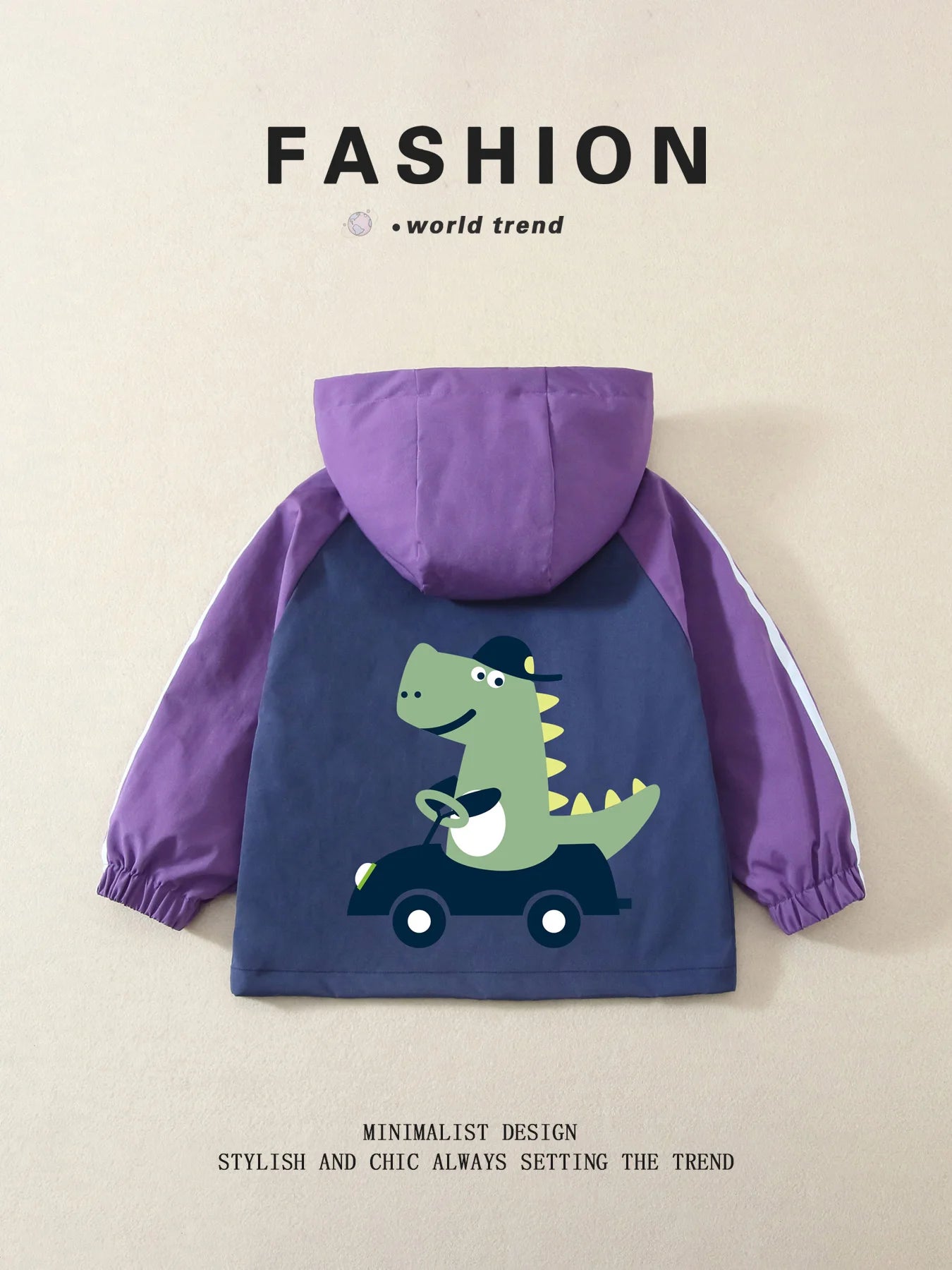 Unisex Kids' Color-Block Hooded Jackets, Cute Dinosaur Print, Spring/Autumn, Lightweight, Ages 3-10 Years